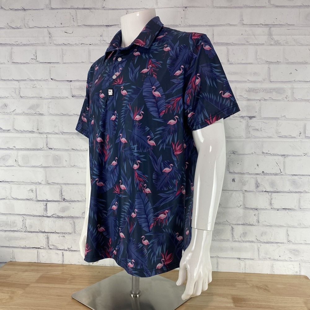 Greater Half Shirt Men's Large Polo Short Sleeve GH Shirt Blue Flamingo Hawaiian - Picture 4 of 10